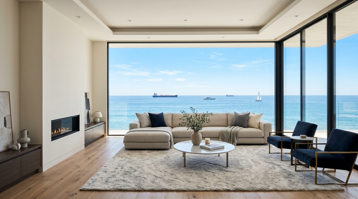 nterior of a contemporary living room with minimalist design. A large window shows a peaceful ocean view with ships and a clear blue sky. Bright, clean, and luxurious atmosphere.