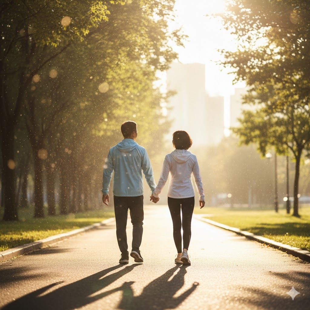 활기차게 산책하는 40대 부부의 뒷모습