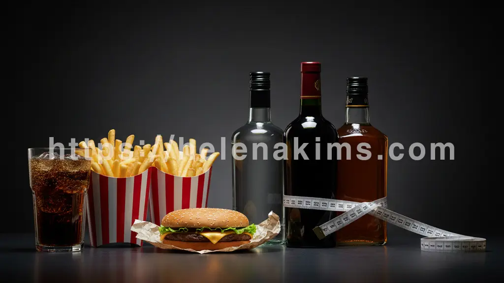 어두운 배경 위로 설탕 음료, 튀긴 패스트푸드, 과도한 알코올 병, 그리고 허리둘레를 측정하는 줄자가 나열된 이미지.