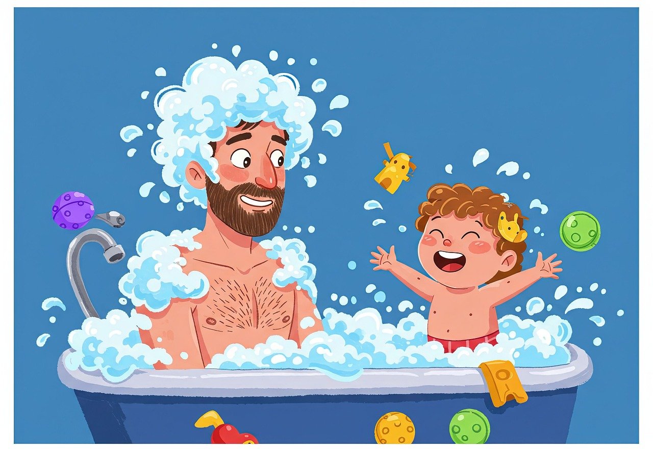 욕조에 아빠와 아들