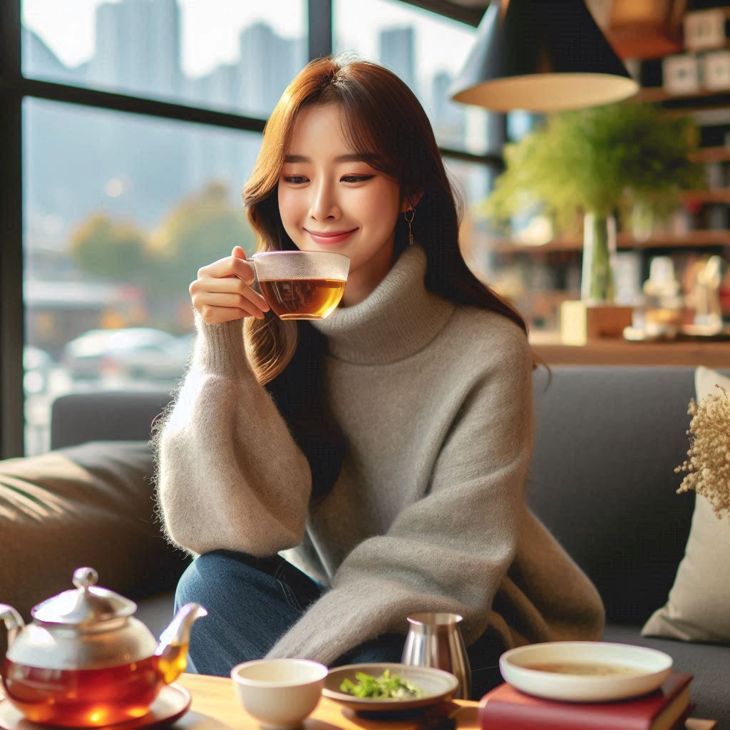 자스민 차를 즐기는 사람