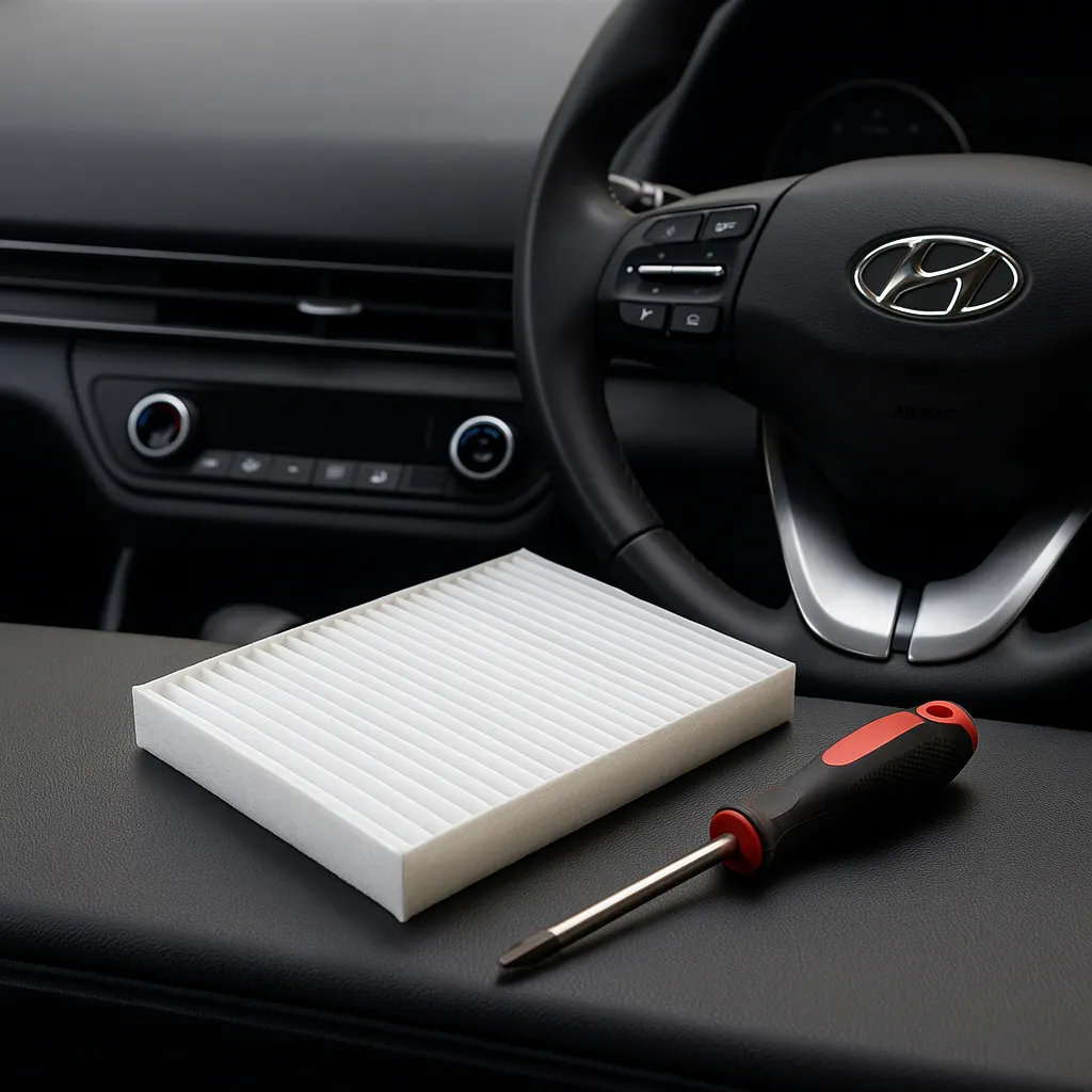 현대차 대시보드 위에 놓인 새 에어컨 필터와 공구 모습