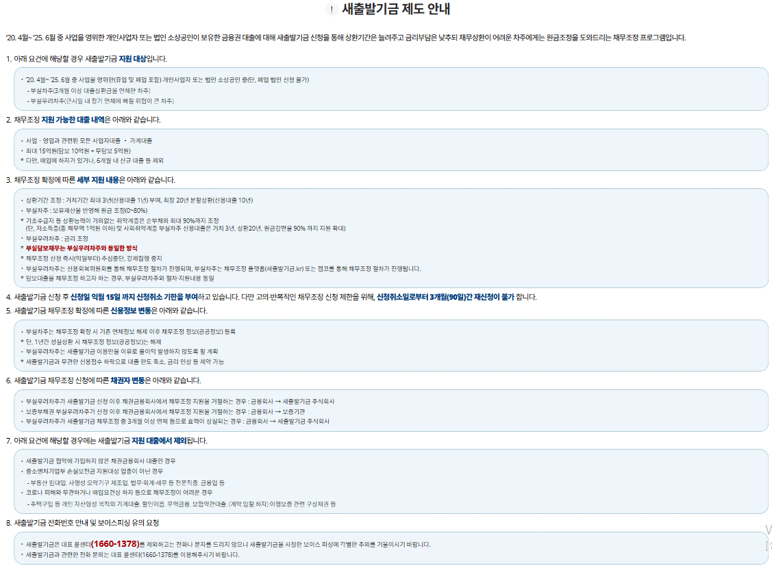 새출발기금 지원 대상, 채무조정 혜택, 신용정보 변동 및 보이스피싱 유의사항이 정리된 공식 홈페이지 안내 화면