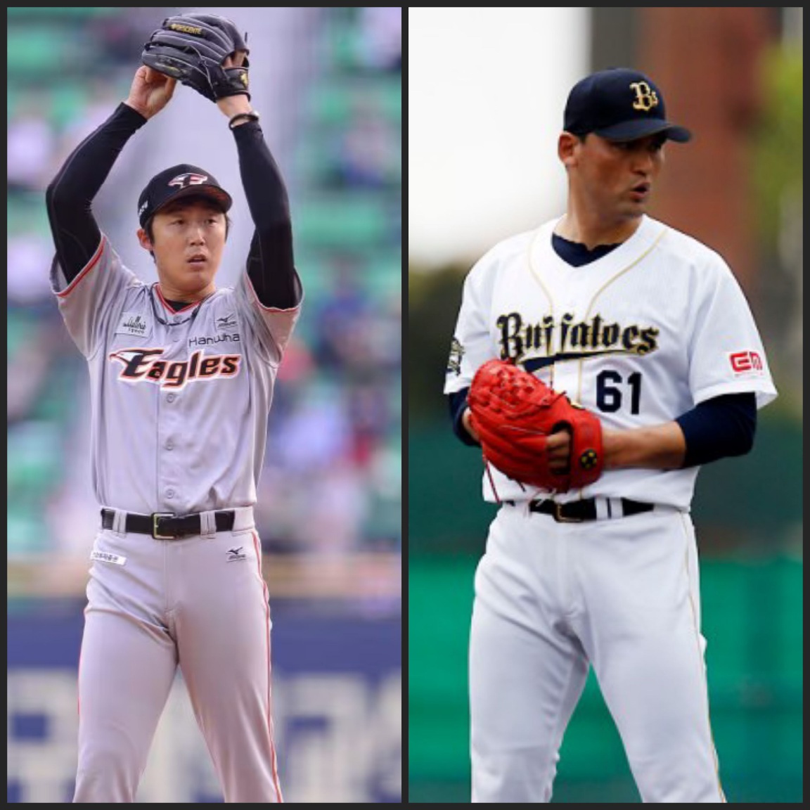 왼쪽은 배영수 선수의 와인드업, 오른쪽은 박찬호 선수의 세트포지션