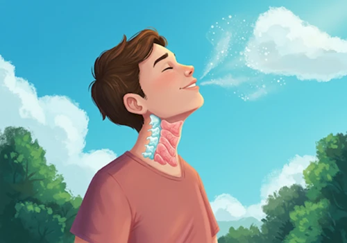 목 가래 문제를 해결하고 상쾌함을 되찾아 행복하고 편안한 표정을 짓는 사람을 묘사한 밝고 긍정적인 디지털 일러스트레이션