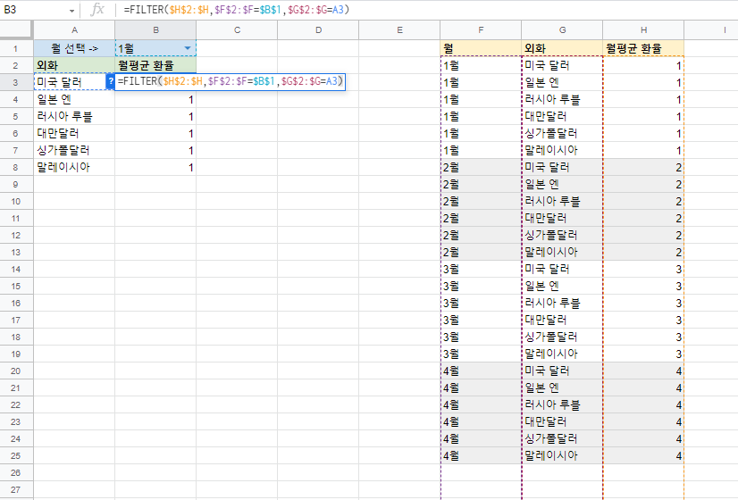 구글 스프레드시트 Filter 함수로 조건 걸어 출력