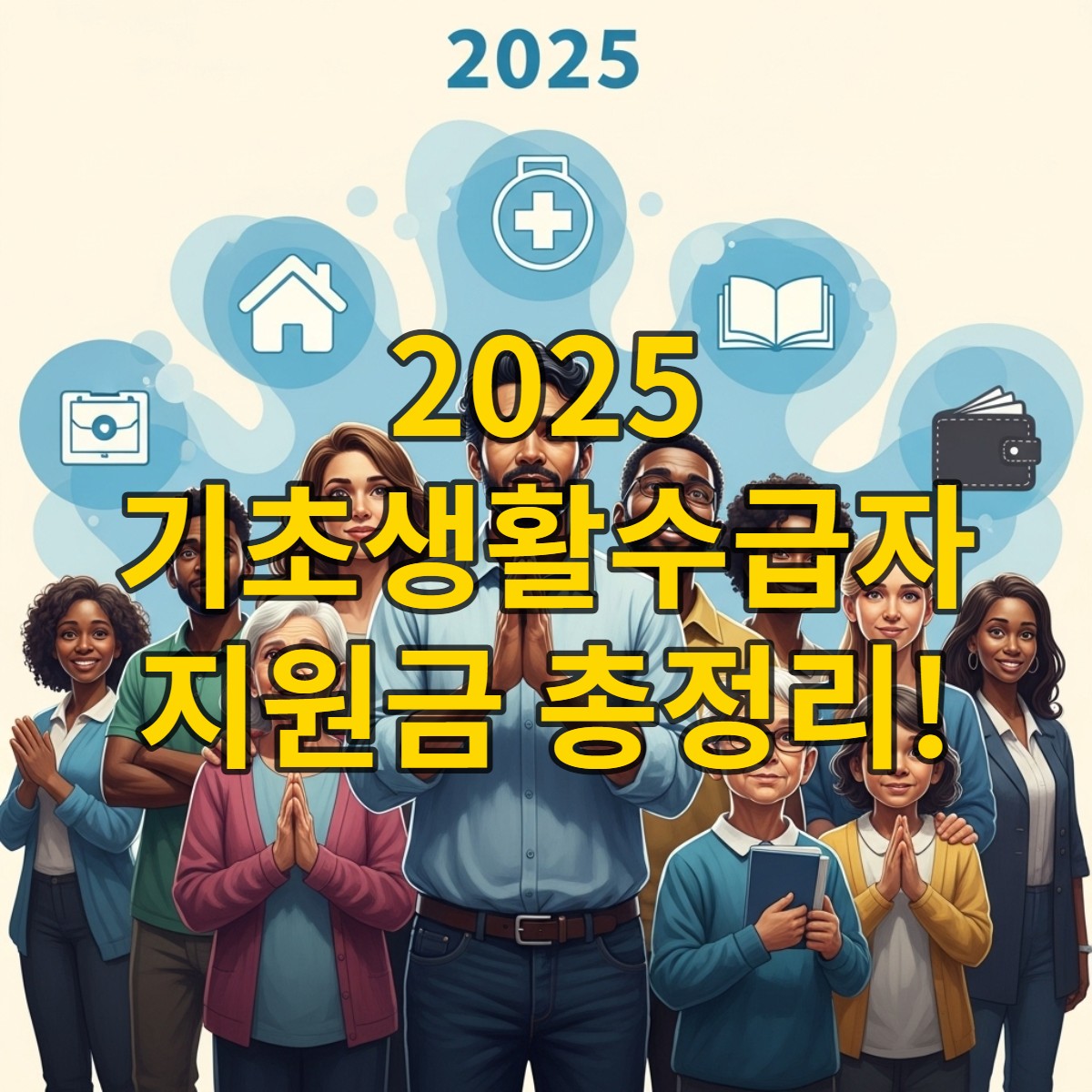 2025년 기초생활수급자 복지 혜택을 통해 안정적인 삶을 살아가는 다양한 연령대의 사람들, 희망과 지원을 상징하는 밝은 이미지.