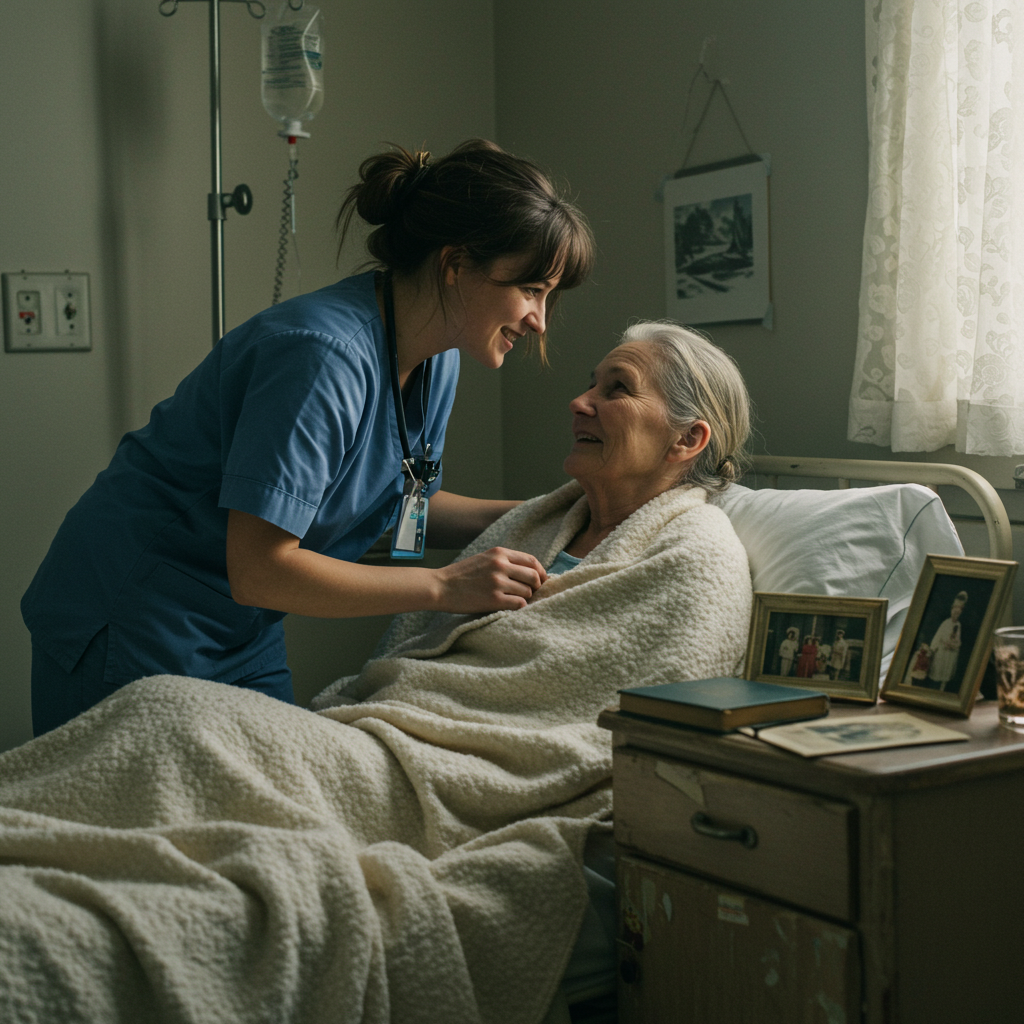 여성 간호조무사 노인 환자와 대화를 나눔