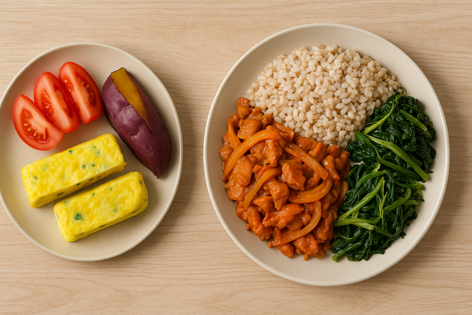 토마토, 계란말이, 고구마 보리밥, 제육볶음, 나물반찬