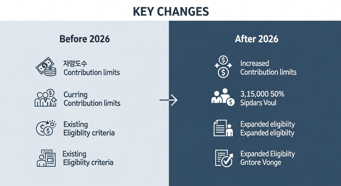 2026년 개정된 국민연금 제도의 주요 변경 사항을 시각적으로 보여주는 깔끔한 인포그래픽.