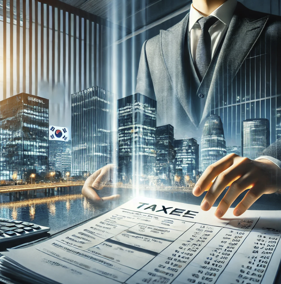 세무 전문가가 서류를 검토하며 법인 과세와 관련된 내용을 분석하는 장면