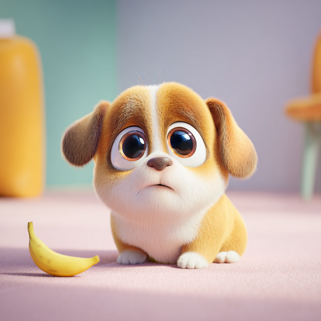 장이 예민한 강아지가 바나나를 바라보며 먹을지 고민하는 귀여운 픽사 스타일 일러스트