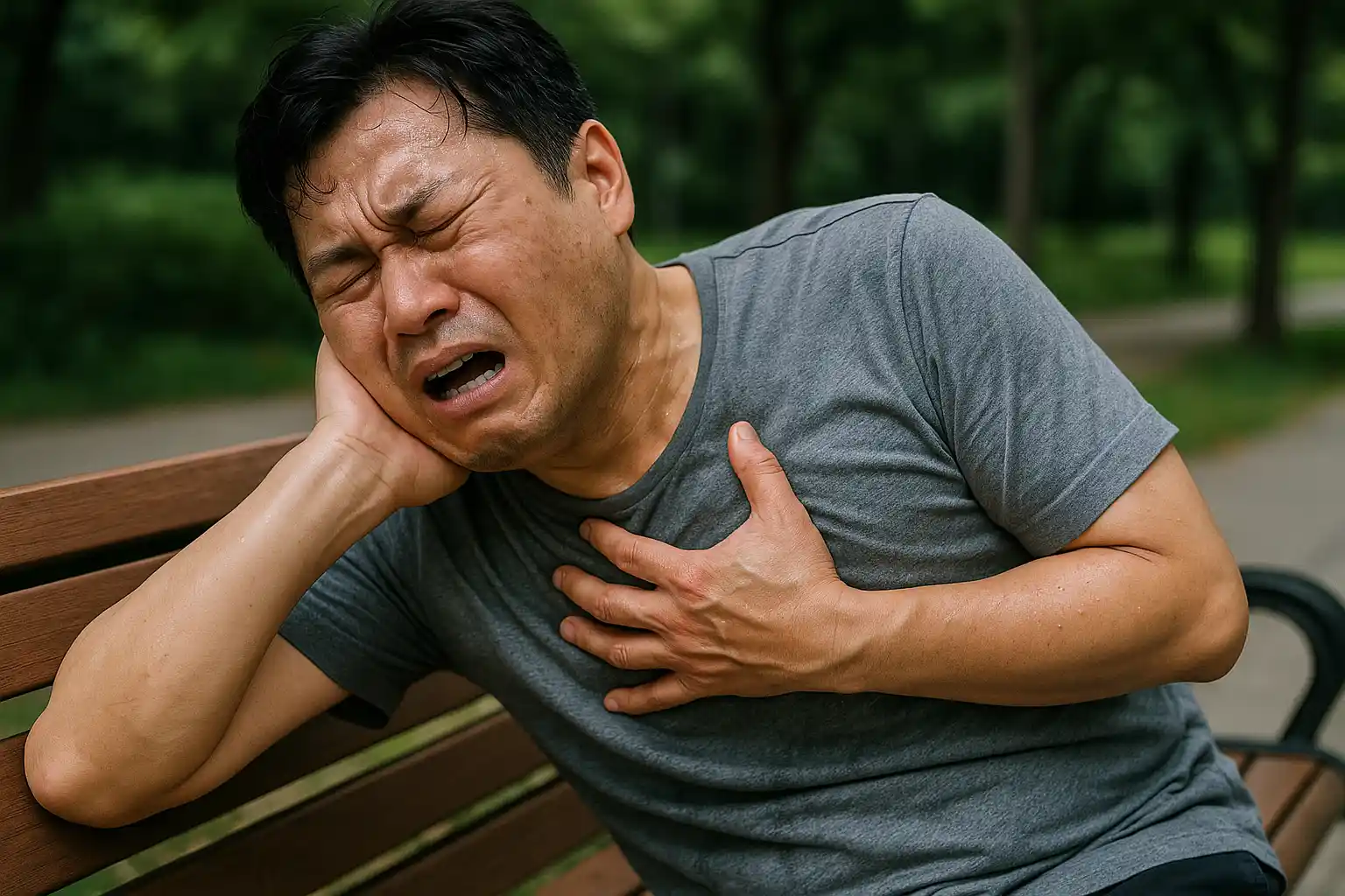 심한 흉통으로 쓰러져 벤치에 기대며 식은땀을 흘리는 사람