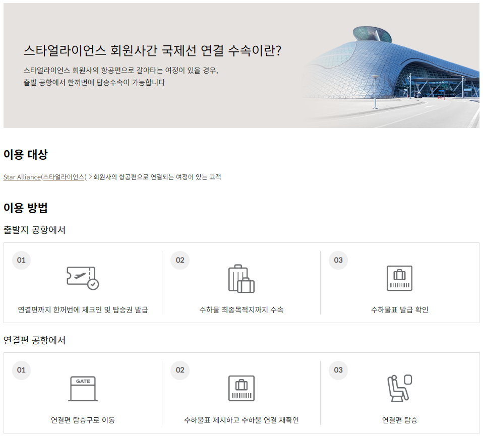 아시아나항공 스타얼라이언스 회원사간 국제선 연결 수속 이용대상 및 이용방법
