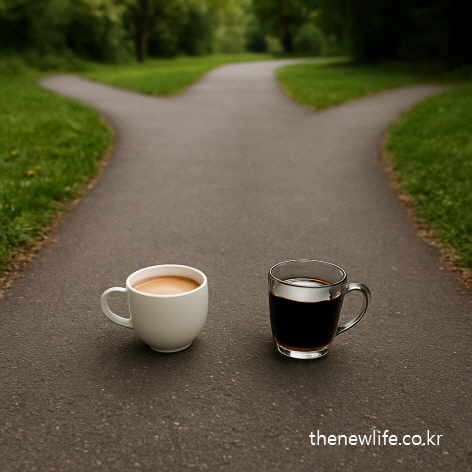 Two coffee cups on a forked road — one with sweetened mix coffee, the other with black coffee — symbolizing the choice between habit and health./갈림길 위에 놓인 두 잔의 커피. 하나는 믹스커피, 하나는 블랙커피. 습관과 건강 사이의 선택을 상징함.