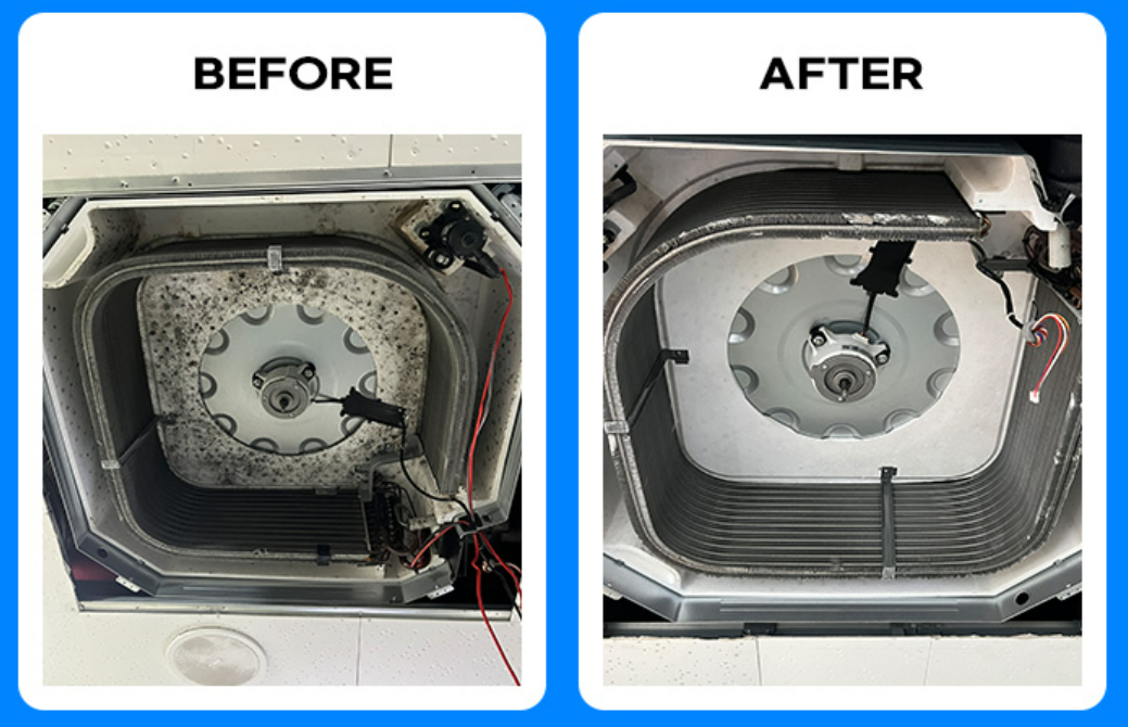 천장형 에어컨 청소 전과 청소 후 비교 장면