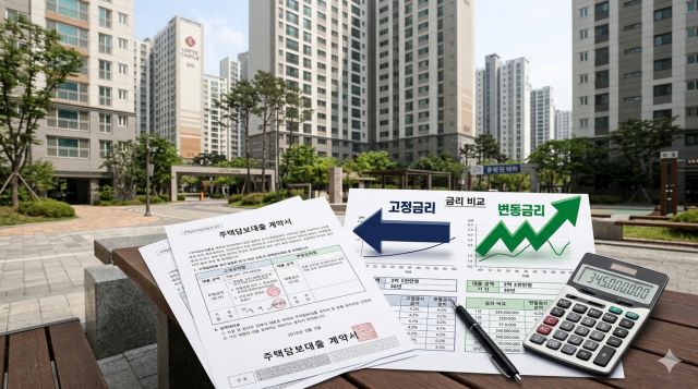 주택담보대출 고정금리와 변동금리 비용을 비교하는 금융 이미지
