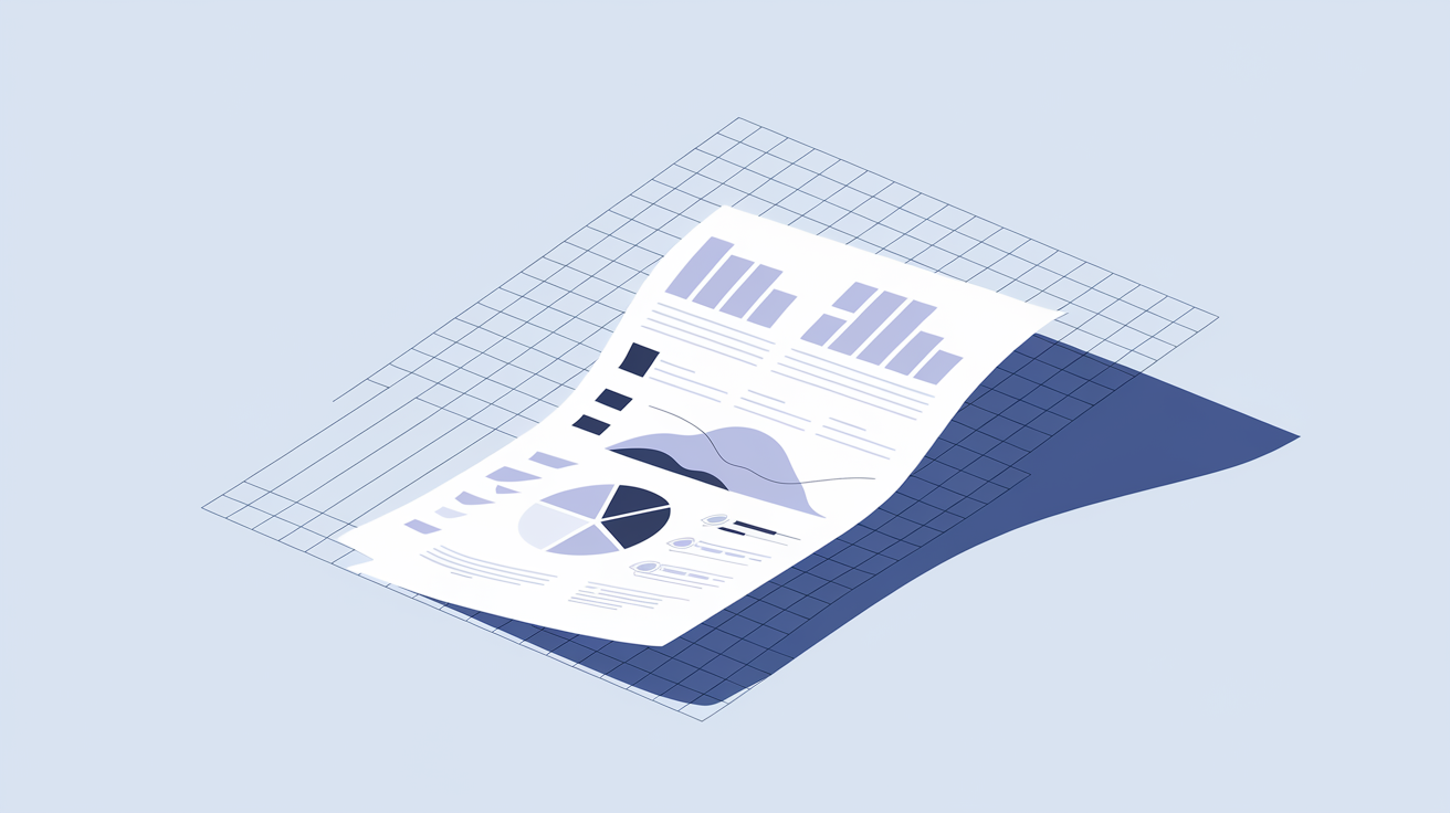 Isometric view of a single business report page with charts, graphs, and data visualization on a grid background