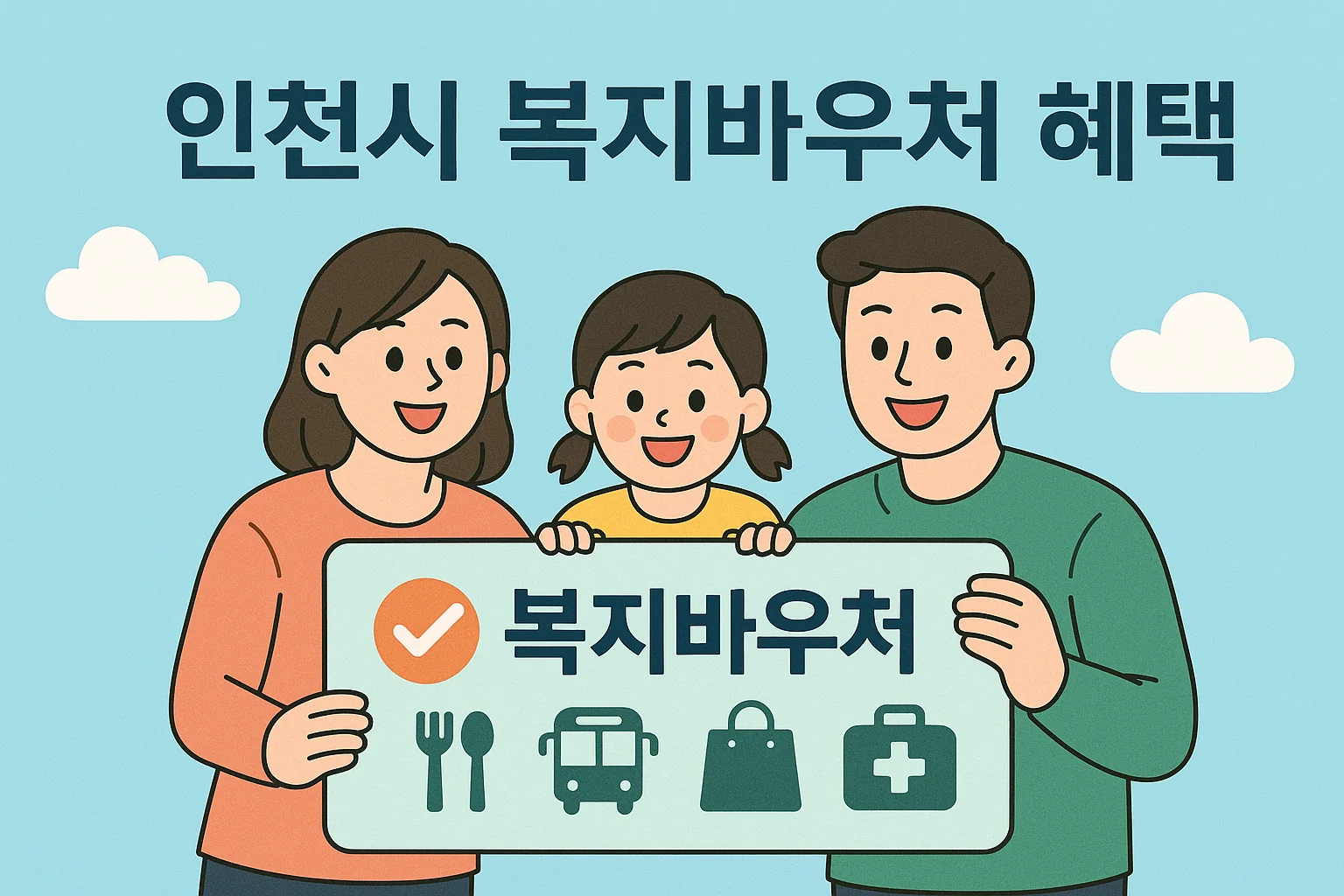 가족이 바우처혜택푯말을 손에든 모습