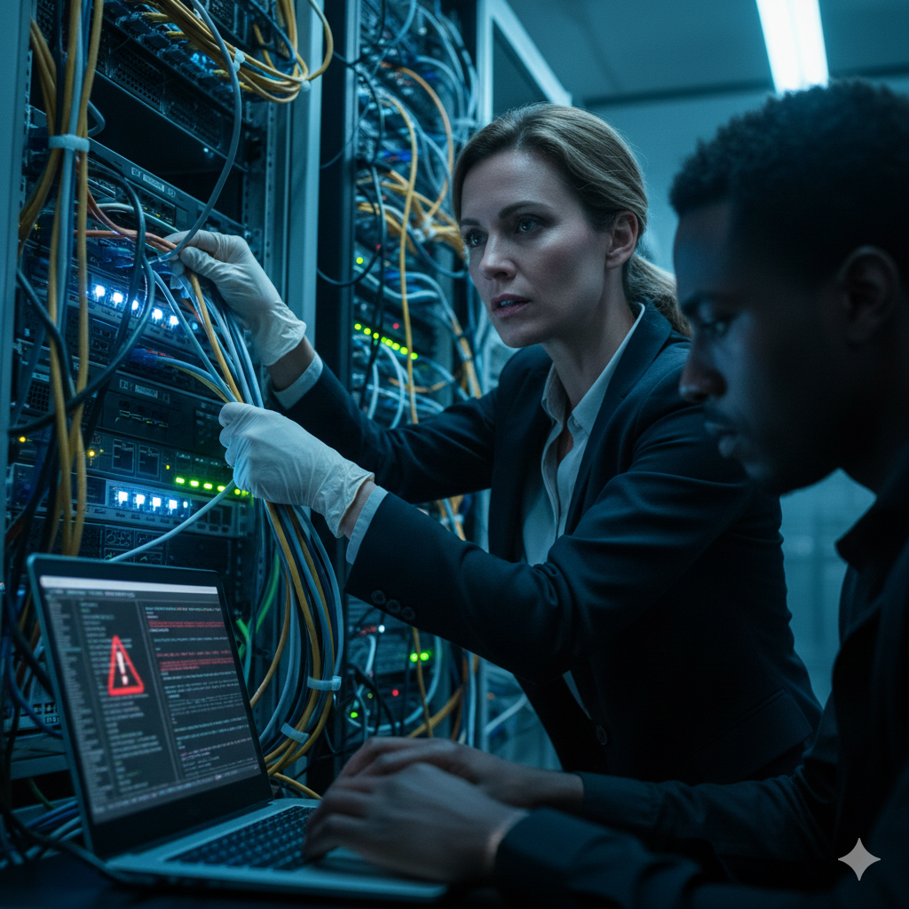 데이터 센터의 복잡한 서버 배선 사이에서 흰 장갑을 낀 여성 전문가가 긴박하게 하드웨어를 점검하며 옆의 동료와 상황을 공유하는 장면이에요.
