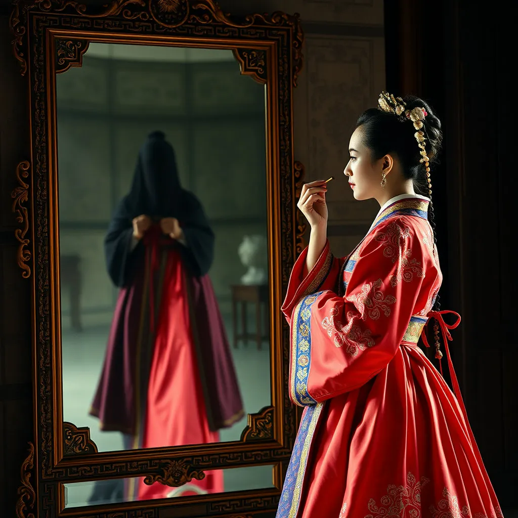 화려한 한복을 입고 거울 앞에서 단장하는 장녹수의 모습입니다. 거울 속에는 그녀가 미래에 겪게 될 비극적인 결말을 암시하듯, 반정군의 그림자가 비치거나 처형 장면이 흐릿하게 겹쳐 보이는 연출을 시도합니다.