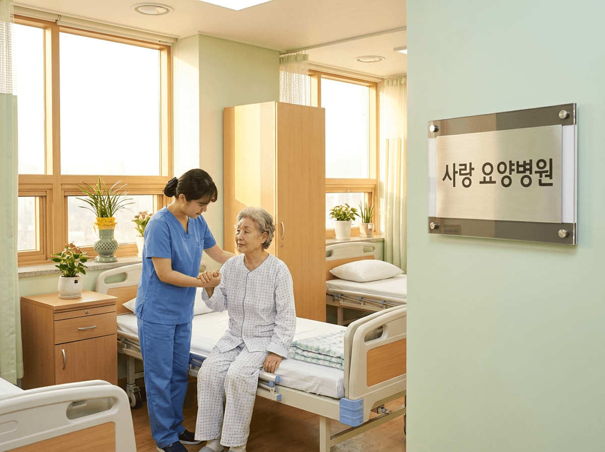 요양병원 병실에서 간병인이 고령 환자를 돌보는 모습