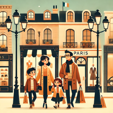 파리에서 4인 가족이 쇼핑하는 모습