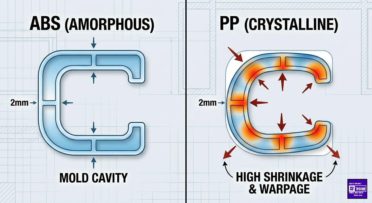 품질팀이 재질의 특성(결정성 vs 비결정성)을 어떻게 두께와 연결해 보아야 하는지 시각화합니다. 같은 2mm 벽이라도 ABS(비결정성)는 안정적으로 치수를 유지하는 반면, PP(결정성)는 큰 수축과 휨을 발생시키는 모습을 비교합니다.