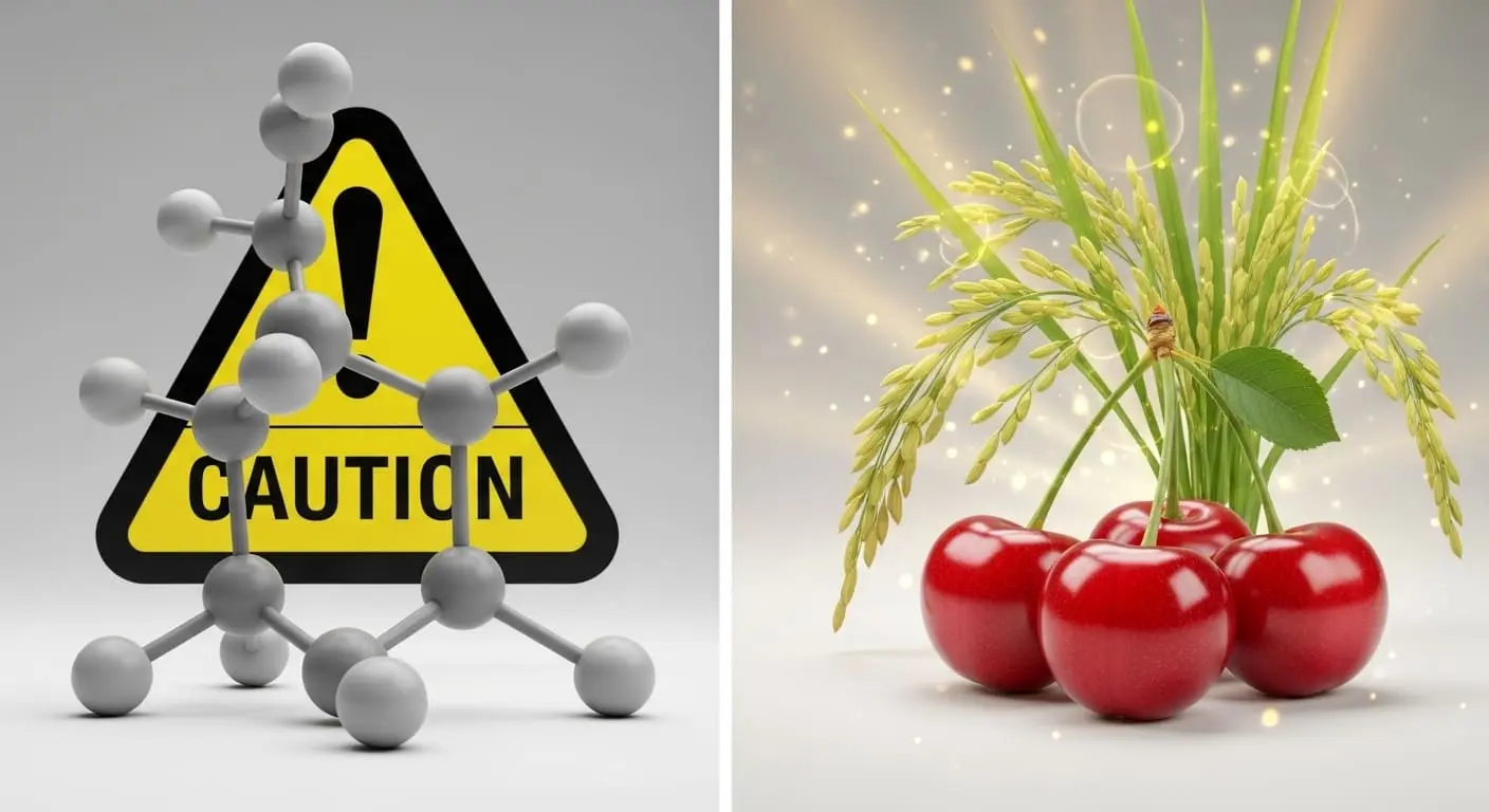 합성 멜라토닌의 화학 구조와 식물성 멜라토닌의 원료인 쌀과 타트체리를 비교하여 안전성을 강조한 이미지