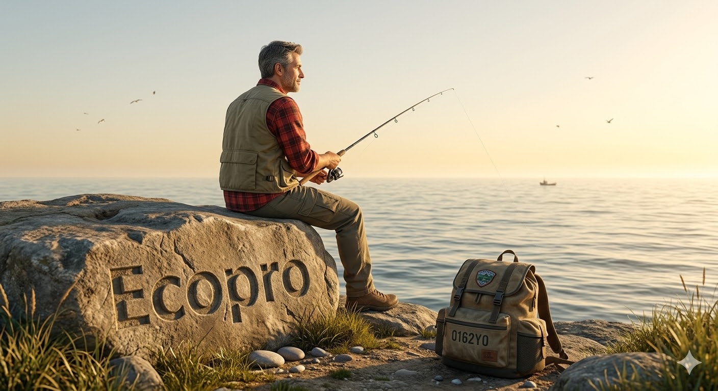 거대한 에코프로 바위 위에 아빠 캐릭터가 편안하게 앉아 낚시를 즐기는 모습. '0162Y0' 등산화가 돋보이는 3D 이미지