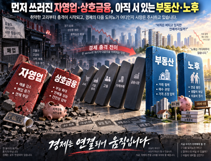 자영업과 상호금융은 이미 쓰러지고 부동산과 노후는 아직 서있는 경제 도미노 연쇄 구조를 표현한 일러스트