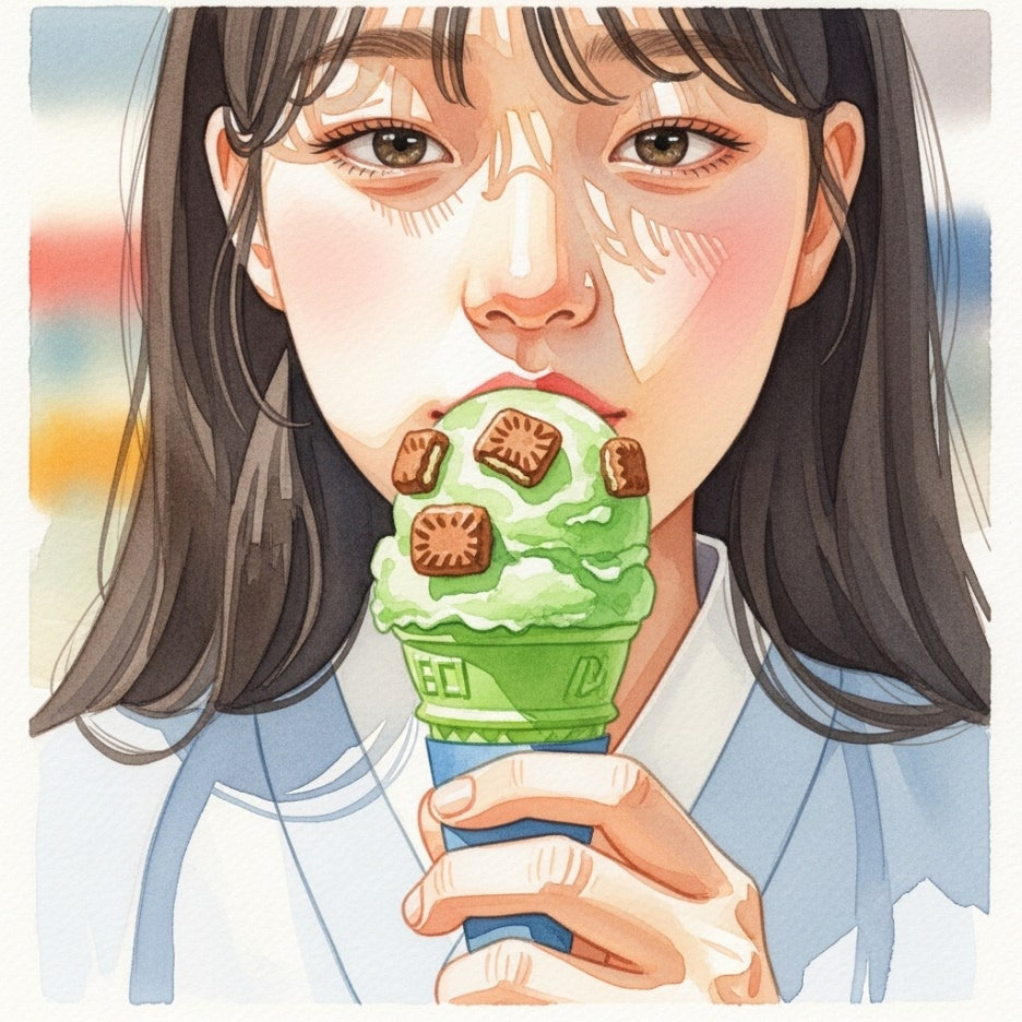 말차 아이스크림을 들고 미소 짓는 사람의 모습