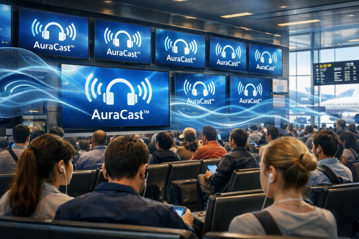 공공장소에서 오라캐스트를 이용해 개인 이어폰으로 사운드를 청취하는 공항 이용객들.