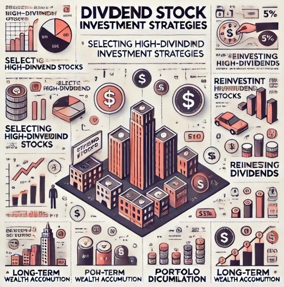고배당 종목 선택, 배당 재투자, 포트폴리오 다각화, 장기적인 부의 축적 전략 등을 아이콘과 그래픽으로 정리한 세련된 디자인