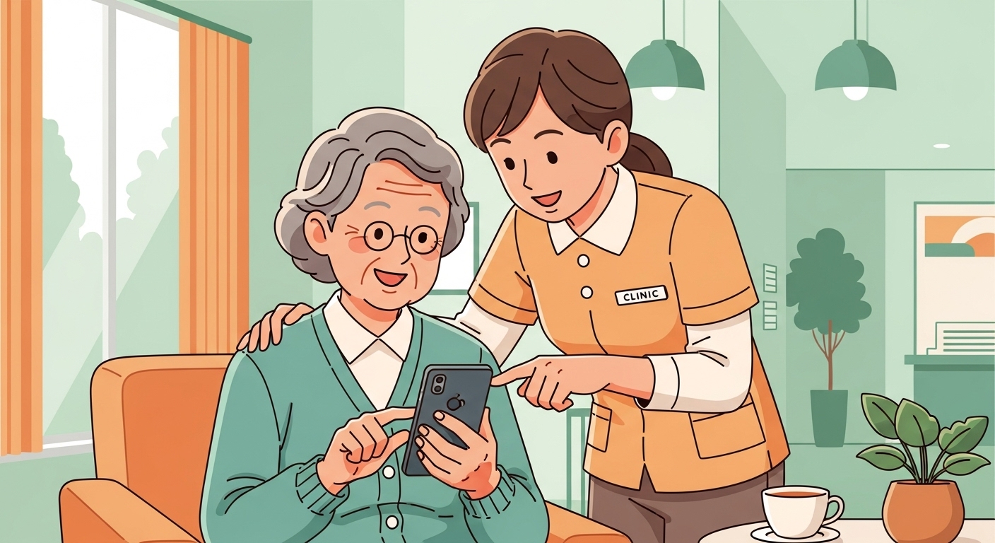 고령의 어르신이 병원 직원 또는 가족의 도움을 받아 스마트폰으로 실손보험을 청구하는 모습.