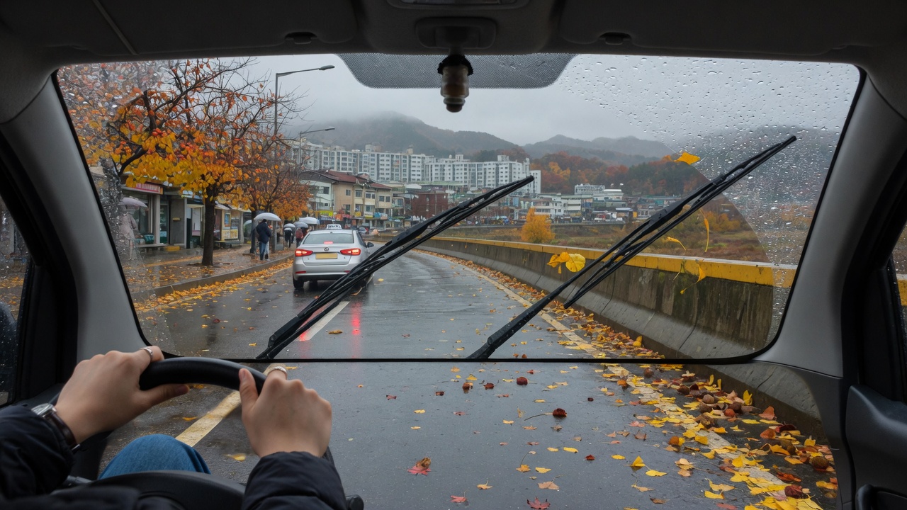 비 오는 도로에서 앞유리를 바라보는 운전석