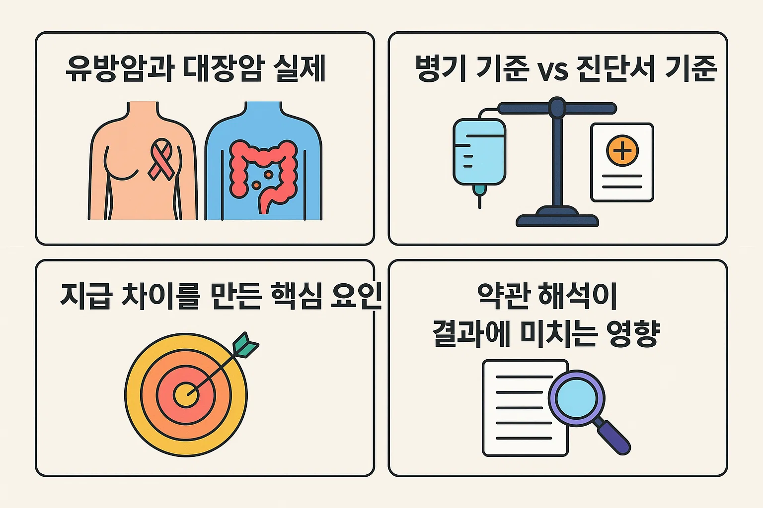 암보험에서 유방암과 대장암 실제 사례를 비교하여 병기 기준과 진단서 기준의 차이, 약관 해석에 따른 결과 차이를 시각화한 인포그래픽.