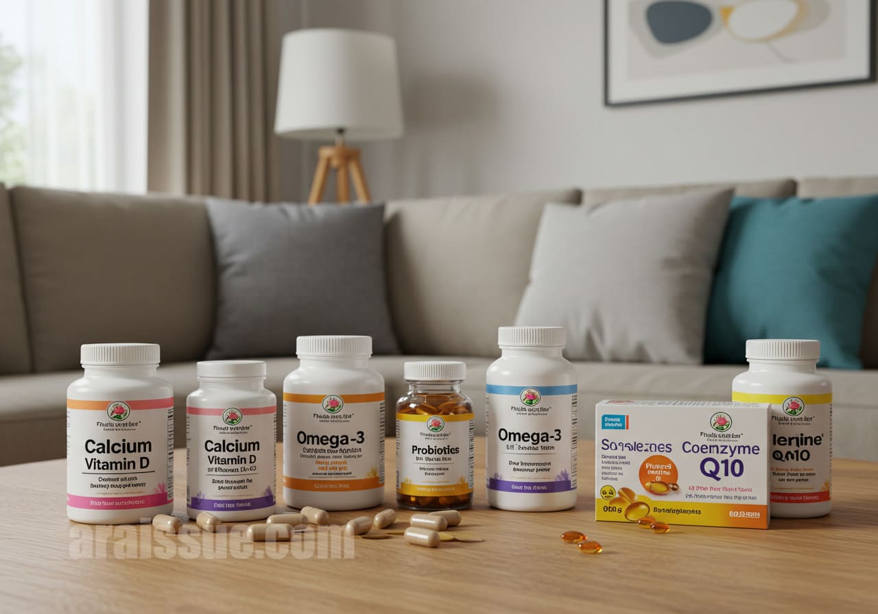 갱년기 여성용 영양제들이 부엌 테이블에 정리되어 있는 모습. 칼슘 + 비타민 D, 오메가-3, 유산균, 코엔자임 Q10이 나열되어 있음
