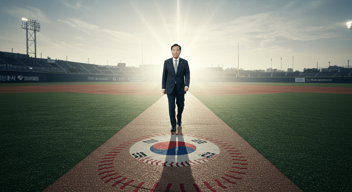 한국 프로야구를 상징하는 야구공 길이 밝은 수평선으로 이어지고&amp;#44; 한국인 총재가 걸어가는 이미지 3