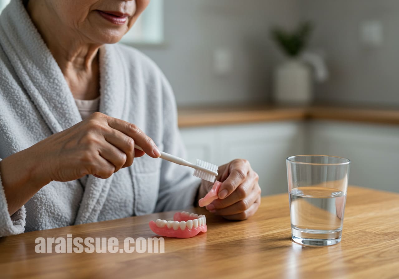 틀니 위생 관리의 중요성을 강조하는 이미지로, 틀니를 깨끗이 세척하는 한국인 어르신의 모습입니다.