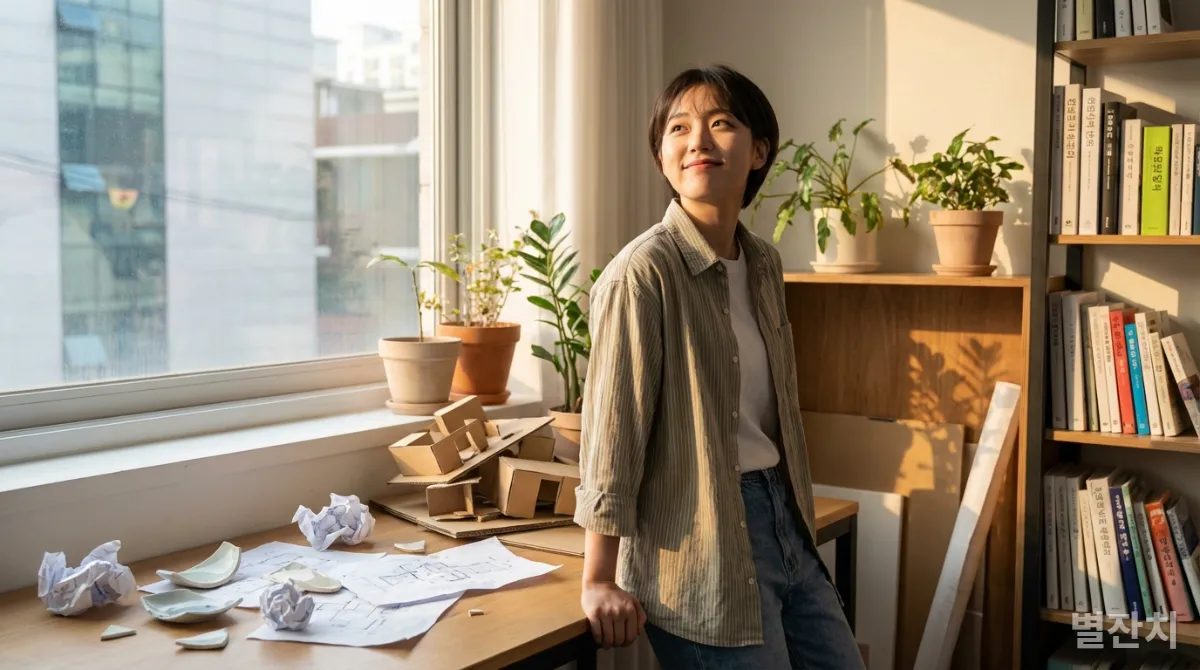 현대 한국의 젊은이가 실패의 흔적 속에서 희망찬 표정으로 새로운 시작을 다짐하는 모습.
