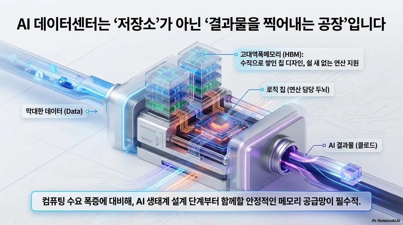 엔트로픽 투자 삼성전자 SK하이닉스: &amp;#39;AI 데이터센터는 저장소가 아닌 결과물을 찍어내는 공장입니다&amp;#39;라는 제목으로 데이터 입력과 HBM&amp;#44; 로직 칩&amp;#44; AI 결과물 출력 과정을 도식화한 이미지. AI 인프라에서 고대역폭메모리와 로직 칩의 역할을 시각적으로 전달하며&amp;#44; 블로그의 HBM 수혜 분석과 관련된 내용을 설명함