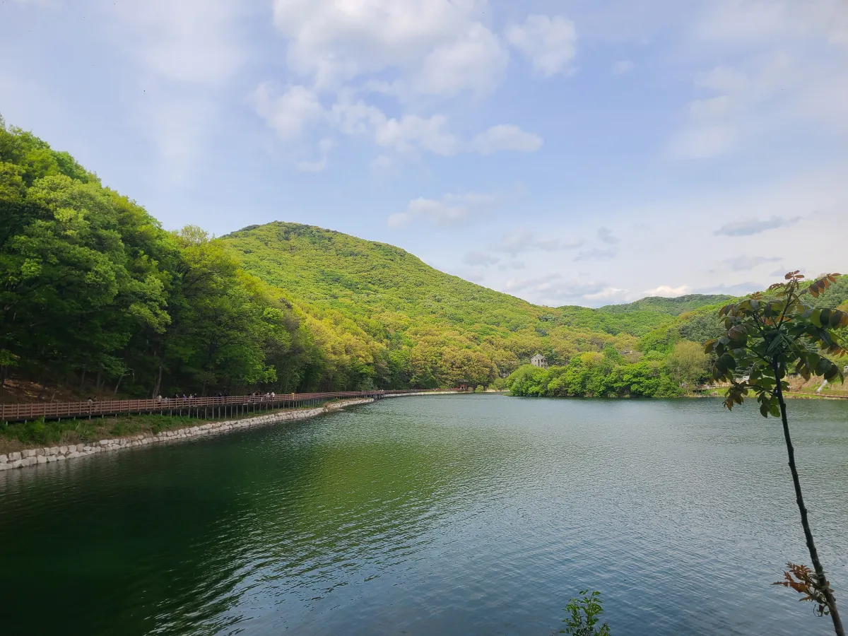 푸른하늘-연둣빛나무가풍성한-산등성이-잔잔한호수-길게이어진호수둘레길