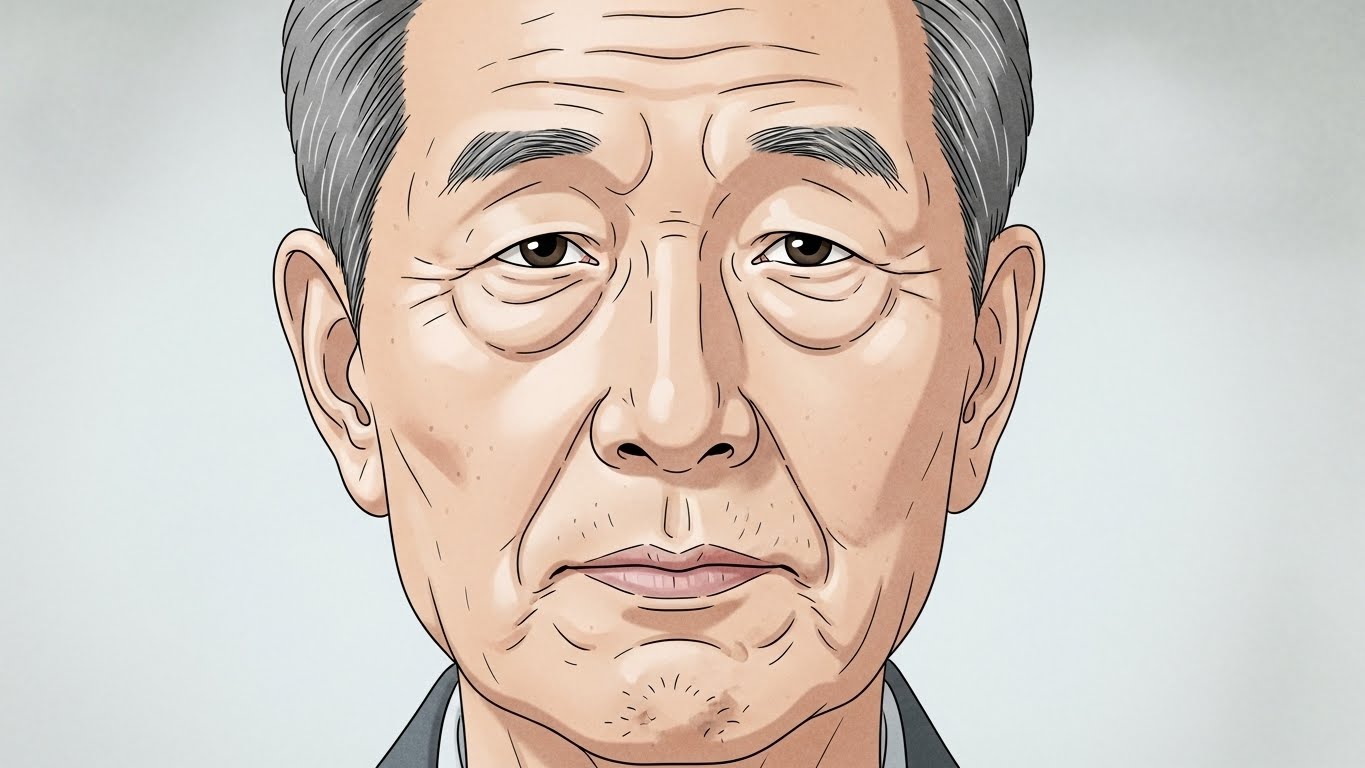 뇌졸중의 대표적인 전조증상인 안면 마비로 입꼬리가 처진 한국 노인의 얼굴