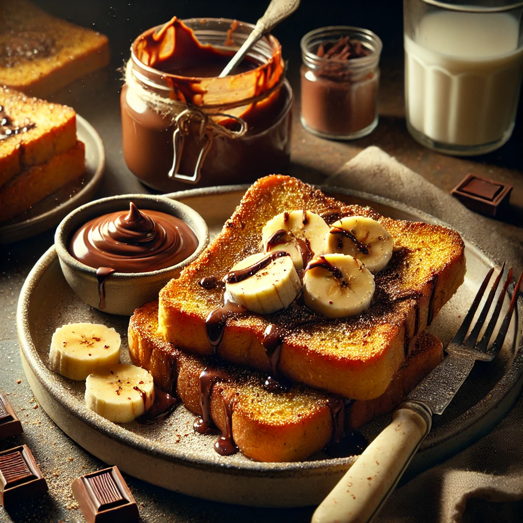 초콜릿 스프레드가 듬뿍 올라간 프렌치토스트