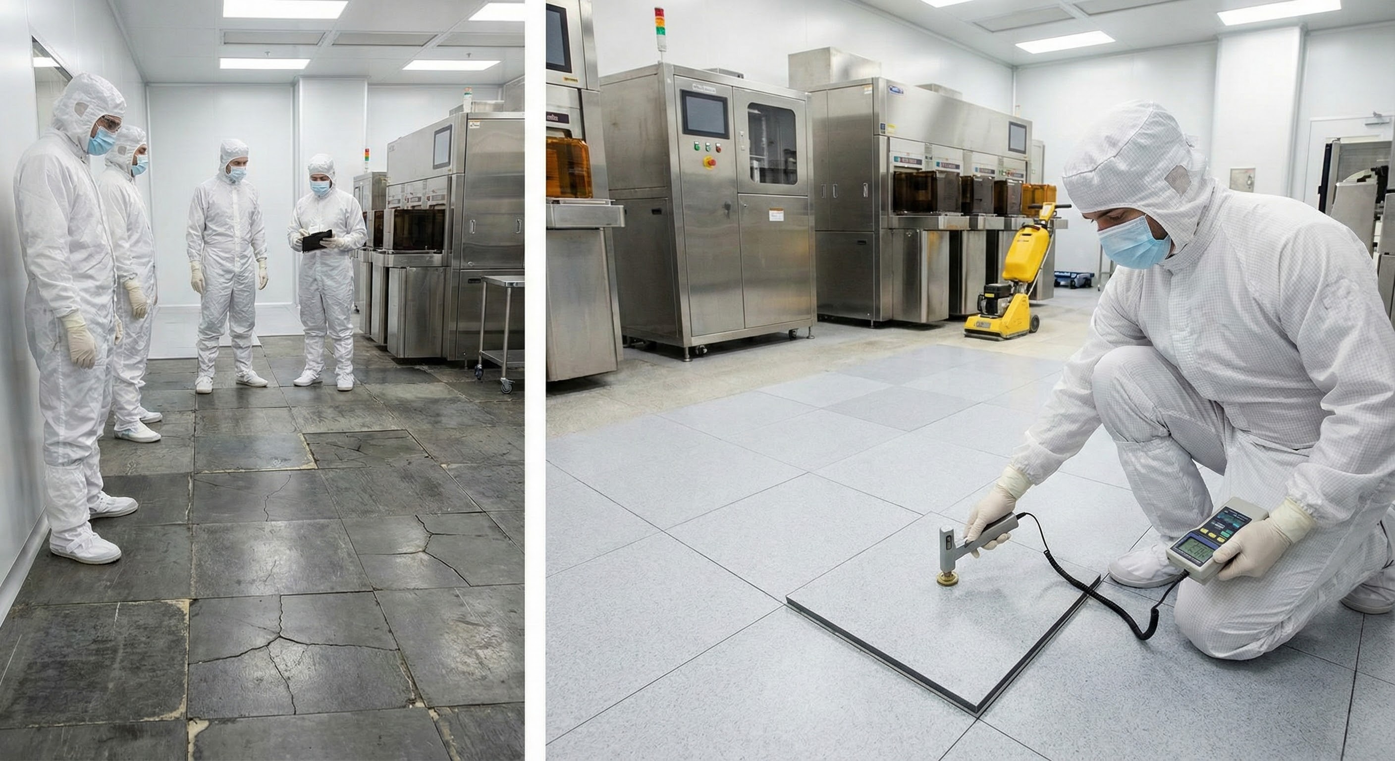 크린룸 전도성타일 교체하는 모습