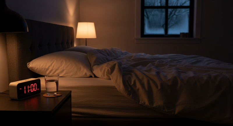 따뜻한 이불이 덮인 침대와 물 한 잔이 놓인 협탁, 숙면을 위한 아늑한 침실 분위기