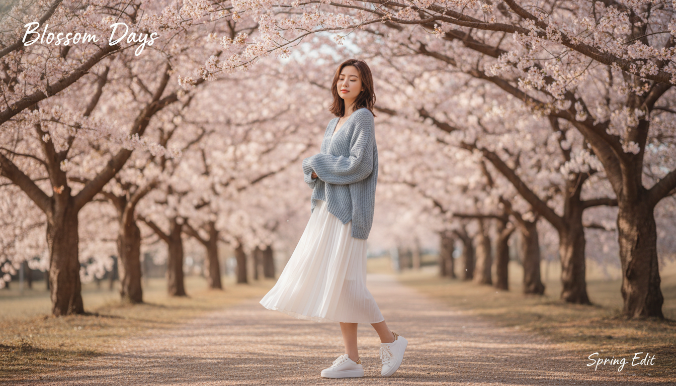파스텔 블루그레이 가디건과 화이트 플리츠 스커트를 입고 벚꽃 아래 서 있는 핀터레스트 감성의 봄 코디