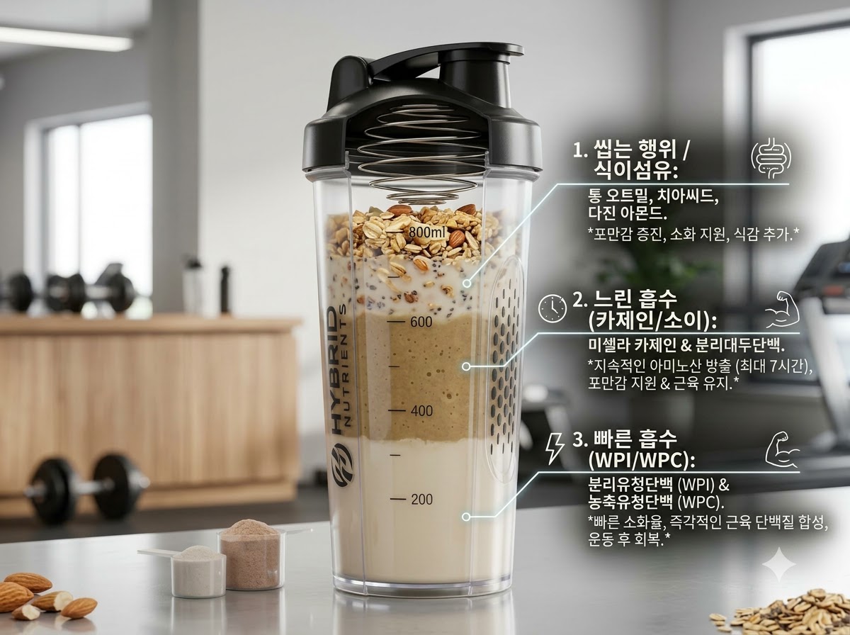 빠른 흡수 유청 단백질, 느린 흡수 카제인, 씹는 맛을 더하는 통곡물이 배합된 포만감용 복합 단백질 쉐이크 구조 시각화.