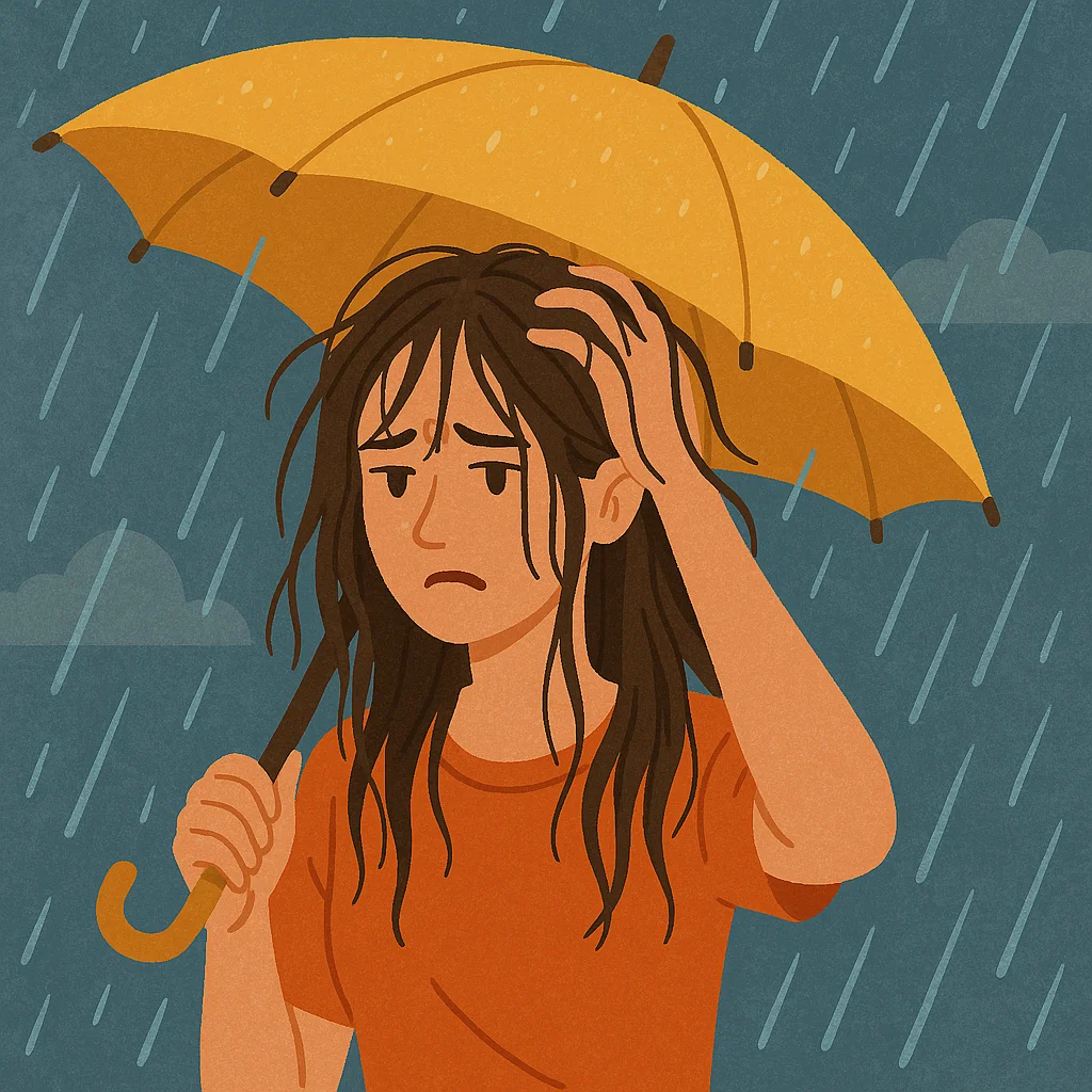 비 오는 날 우산을 쓴 채 축 처진 머리카락을 만지며 불편해하는 여성을 그린 일러스트